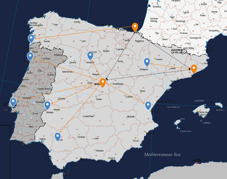Sim Cargo Ibérica map Sim Cargo Ibérica map showing the Sim Cargo routes in Spain.