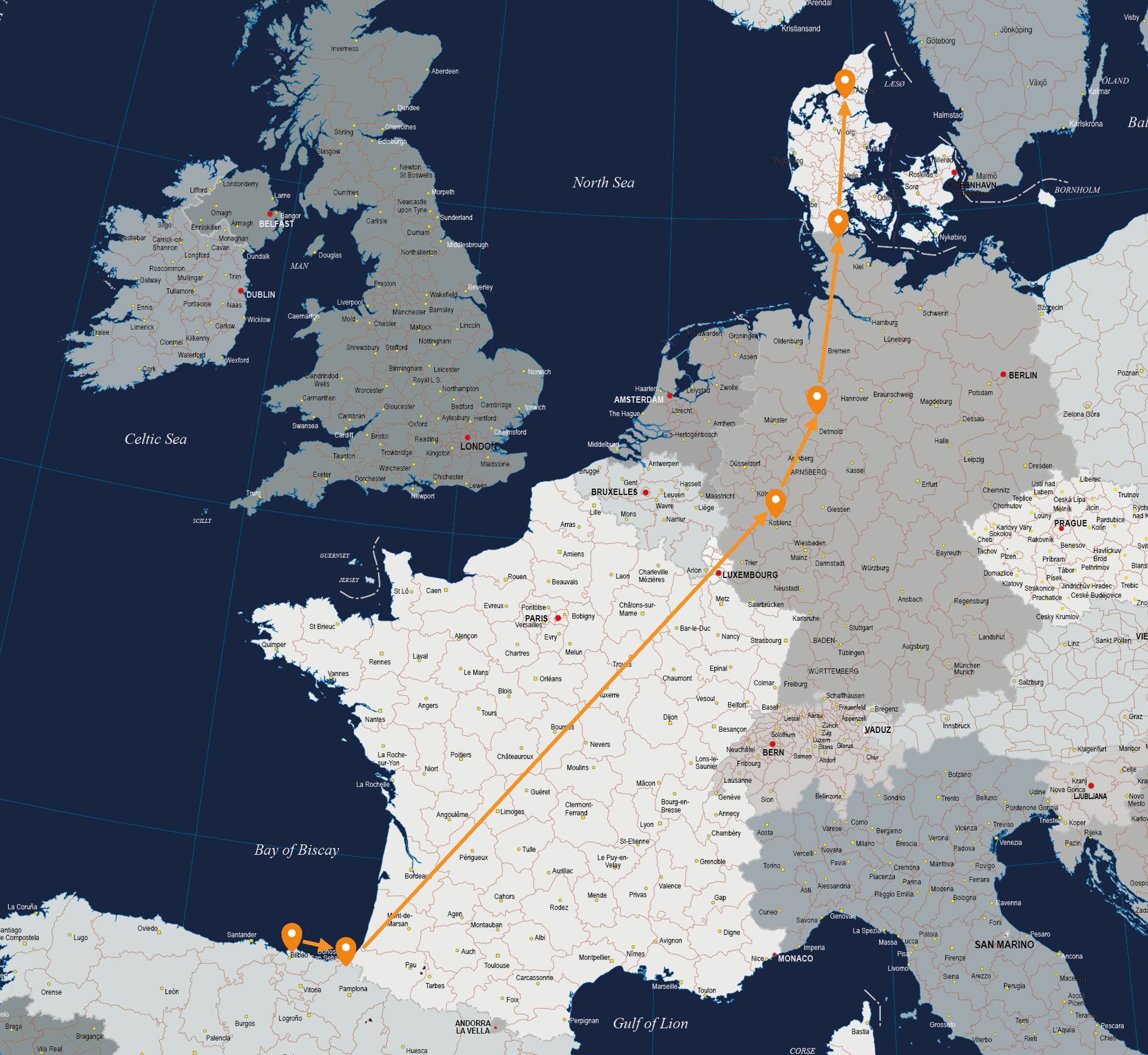 A map of Europe showing a sample route from Irun in Spain to Nibe in Denmark.